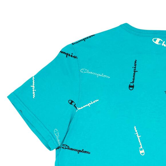 Champion Shirt Mens Medium Blue All Over Print Logo Graphic Tee T-Shirt Cotton - Picture 9 of 12